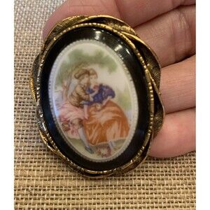 Vintage Fragonard Brooch Pin Courting Couple Transfer Print Gold Tone Porcelain